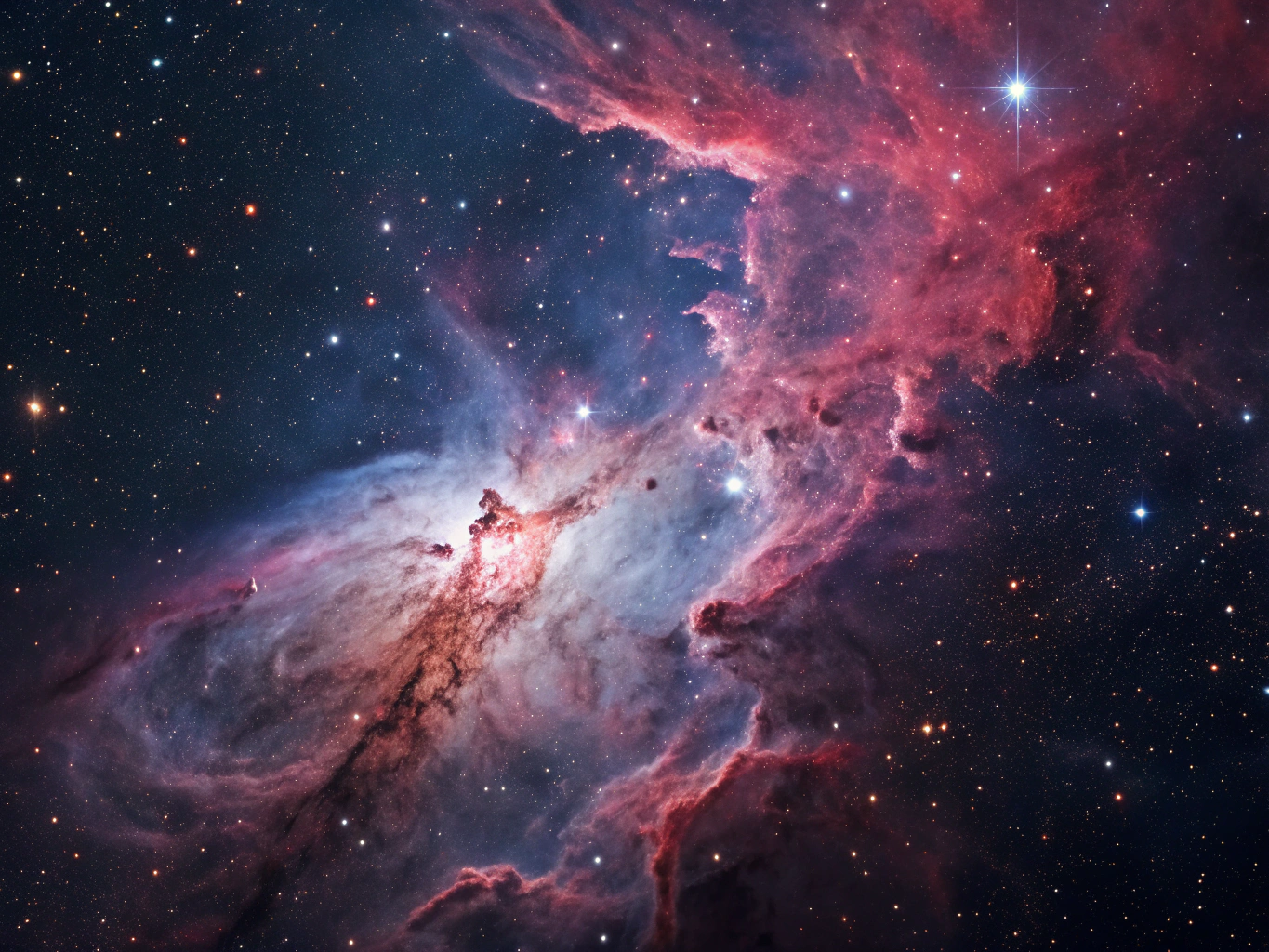 Detailed telescope photograph of ionized interstellar gas clouds and dust pillars