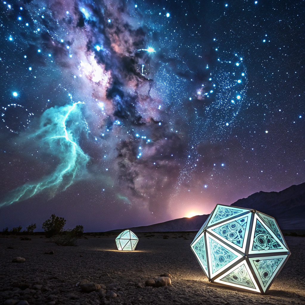 Stylized cosmological nebula exhibiting geometric crystalline star formations