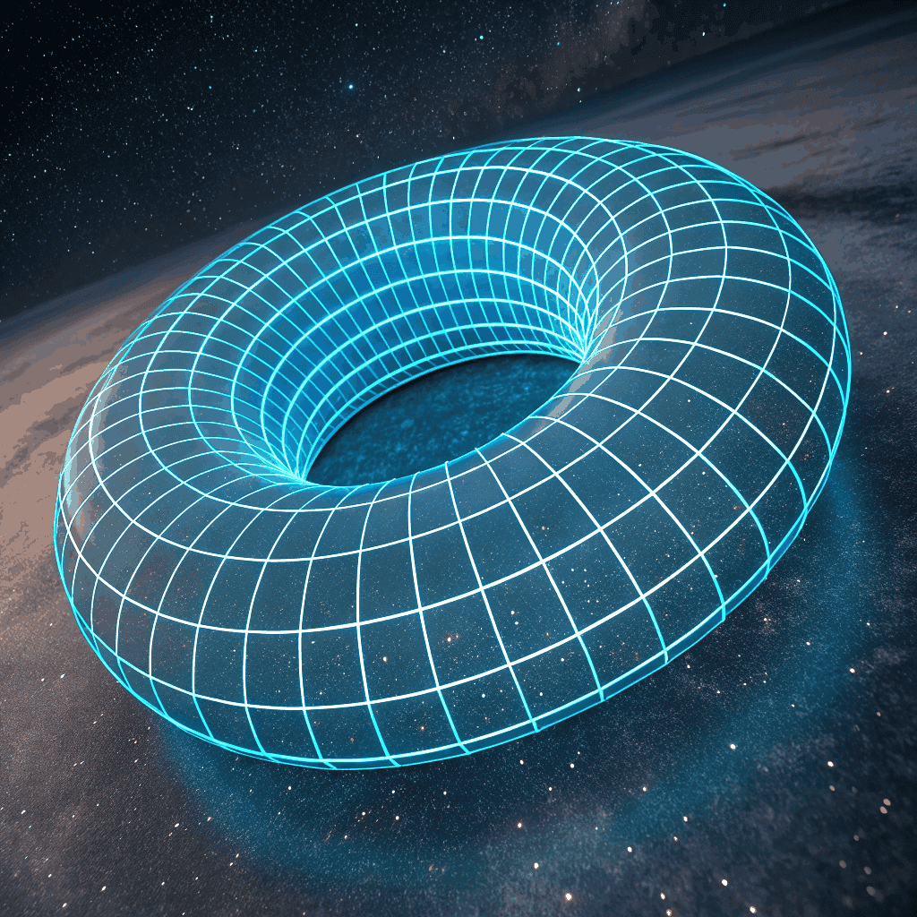 Hypothetical closed toroidal universe geometry warping radiant light vectors into continuous loops