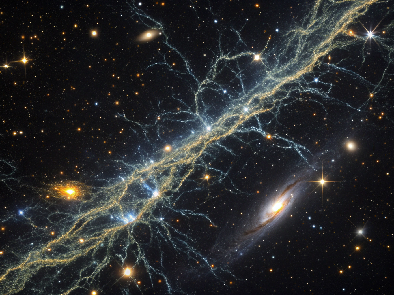 Complex branching cosmic web with luminous filaments linking galactic clusters